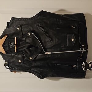 NEW Men's Bikers Leather Vest Multi Front Pocket Zip Sleeveless Black Large